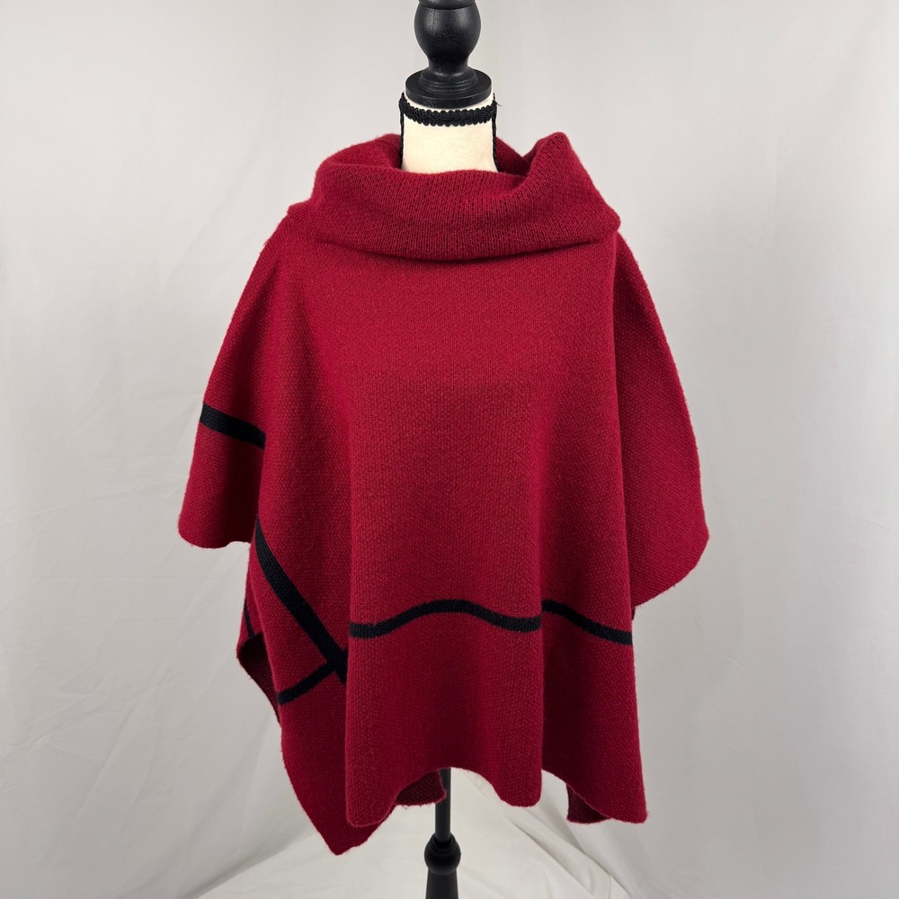 Coco + Carmen Poncho Women OS Red Black Cowl Neck Geometric Stripe Knit Wrap